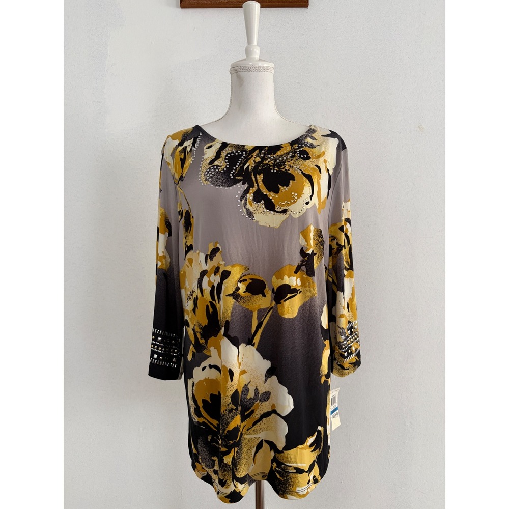 JM Collection Modern Pop Floral Tunic Top Gold Black Studded XL NEW